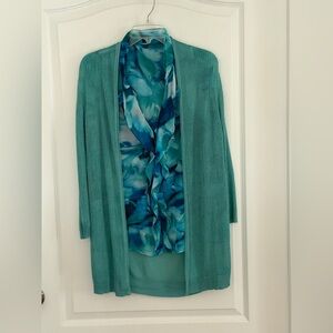 Open-Front Women's Spring Green Cardigan with matching Floral Blouse set